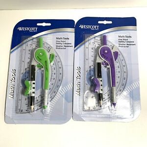 2 Pk Protractor And Compass Purple &amp; Green Westcott NEW R1