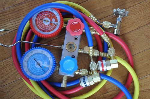 HVAC Kit:Manifold Gauge+5ft Hose Set R22+Car Quick Snap-on Coupler+R134a Can Tap