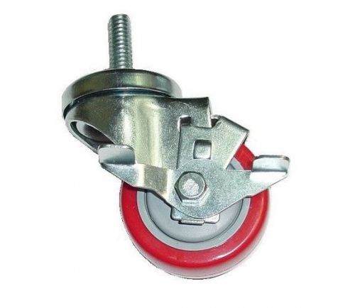 Swivel Stem Caster w 3&#034; Red Polyurethane Wheel &amp; 3/8&#034; Threaded Stem &amp; Side Brake