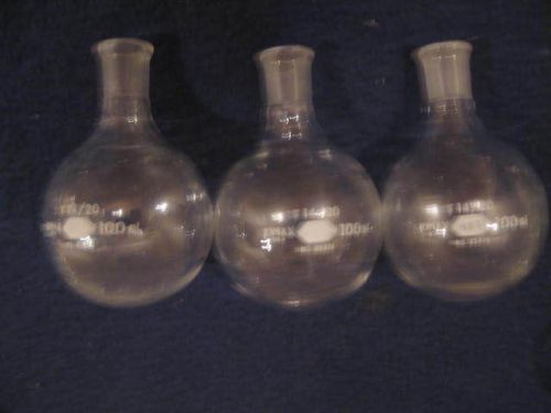 3x Kimax Round Bottom Single-neck 14/20 joint Flask, 100mL No: 25276