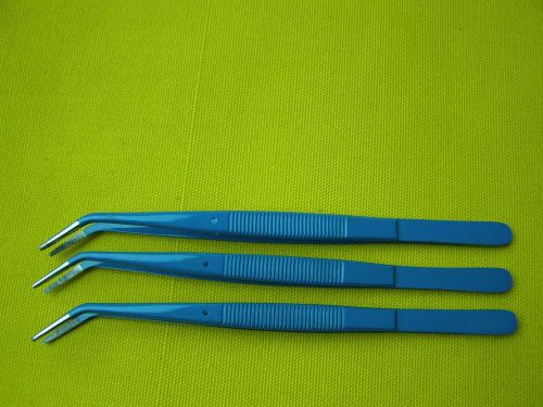 Qty 3pieces-college dental tweezer 6&#034; angled(blue coated),ear forceps veterinary for sale