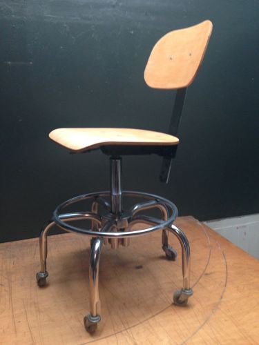 Mid Century Industrial Draftman Chair Lab Work Bar Stool Maple Chrome BioFit USA