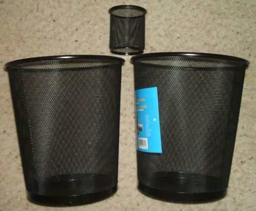 NEW! Set of 2 Black Steel Mesh Wastebaskets &amp; 1 Pencil Holder