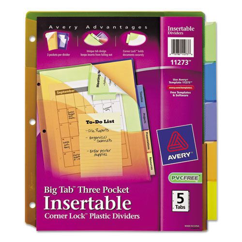 Insertable Three-Pocket Divider with Corner Lock, 11 x 9, 5-Tab, Assorted