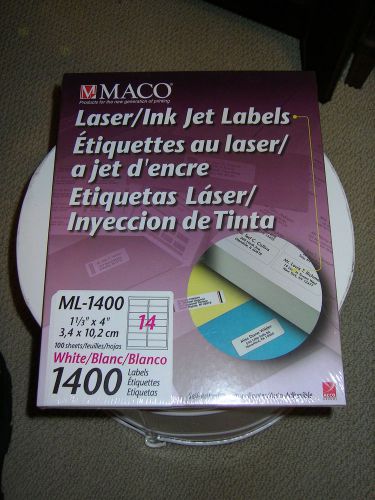 MACO ML1400 1 1/3&#034; X 4&#034; WHITE LABELS LASER &amp; INKJET 1400/BX 14 LABELS PER PAGE