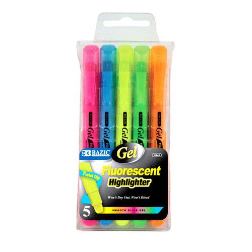 BAZIC 5 Fluorescent Gel Highlighter, Case of 12