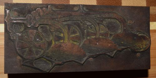 VINTAGE PRINTERS BLOCK ~ MT02 LIN COPPER FARM EQUIP TILLER 334A