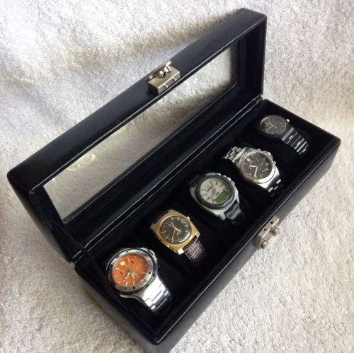 Black Faux Leather Watch Display Box Holds 5 Watches Glass Top Looks Unused!