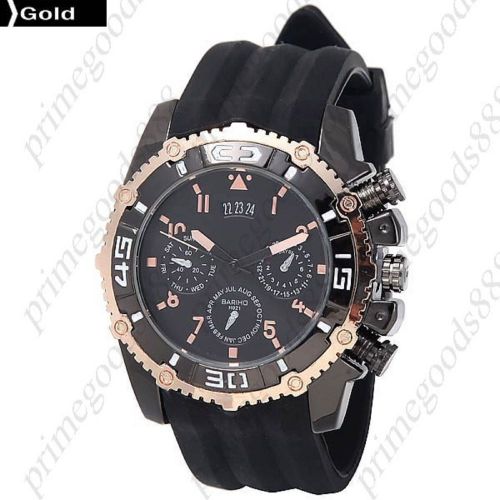 Sport Rubber Sub Dials Quartz Wrist Analog Men&#039;s Wristwatch Free Shipping Gold