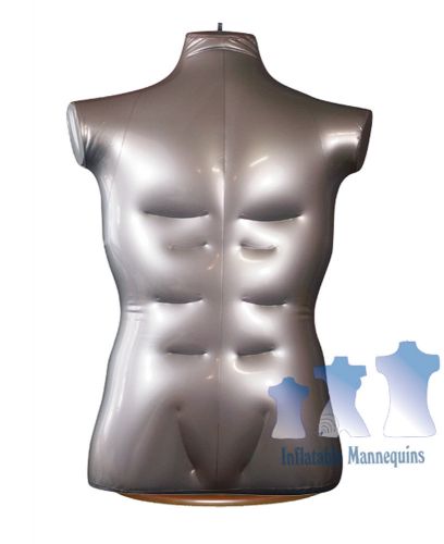 Inflatable Male Torso Large, Silver And Wood Table Top Stand, Brown