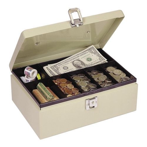 Heavy-Duty Steel Cash Box w/7 Compartments, Latch Lock, Sand