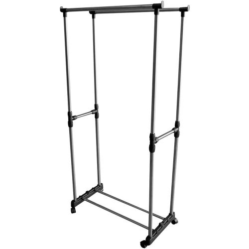 Evelots Portable Clothes Rack Double Horizontal Bars, Wheels At Base, Silver