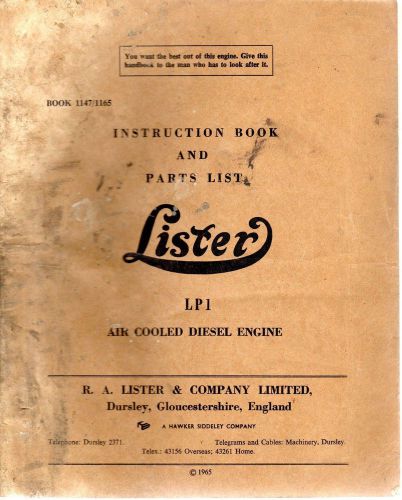 Lister lp1 air cooled diesel engine instruction book &amp; parts list 1965 6944e for sale