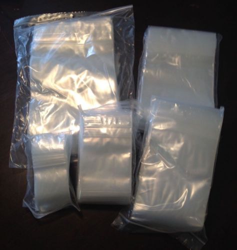 FIVE 100 ea (500 TOTAL) CLEAR POLY BAGS 2 MIL ZIP LOCK TOP 2x3,3x5,4x6,5x7,6x9