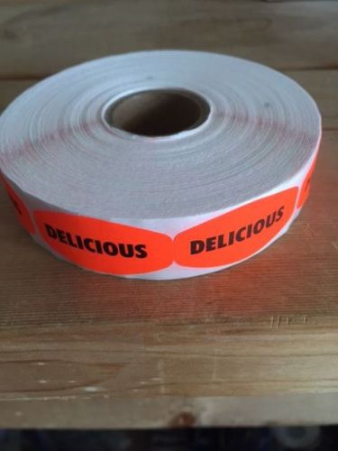 1.25&#034; x .625&#034; DELICIOUS MERCHANDISE LABELS 1000 PER ROLL FL RED BLACK STICKER