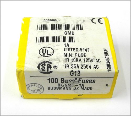 100 Pack Of Buss Bussman BK/GMC-1A 1 Amp 250V Med Delay 5x20MM Glass Fuses. FU