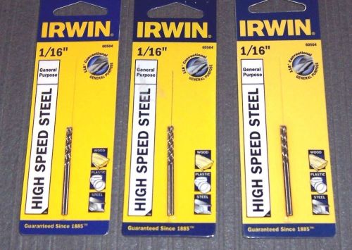 3 ea.2 Pack (6 bits) 60504 Irwin 1/16&#034; Jobber Length HSS Drill Bits