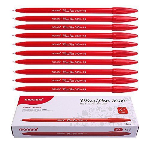 Monami Plus 3000 Office Sign Pen Felt Tip Water Based Ink Red Color [12 Pcs]