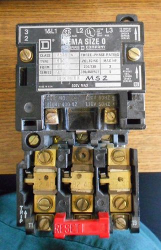 SQUARE D STARTER CLASS 8536 TYPE SBO2 NEMA SIZE 0 120V COIL