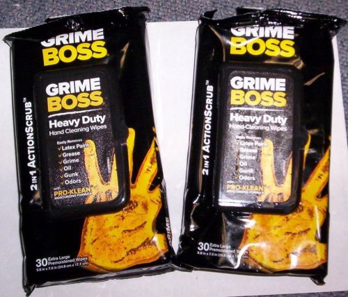 60 Grime Boss Heavy Duty Hand Cleaning Wipes-w/Pro-Clean-2 pkg of 30-NIP-NR