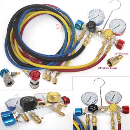 R410a R134a R12 R22 4 Way Valve Manifold Gauge + 4 Hoses Quick Adapter HVAC Kit