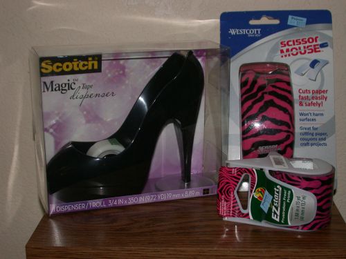 Stilletto Tape Dispenser Pink &amp; Black Zebra Scissor Mouse &amp; Pkg.Tape Free Ship!