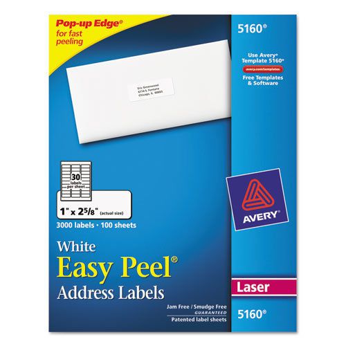 Easy Peel Laser Address Labels, 1 x 2-5/8, White, 3000/Box