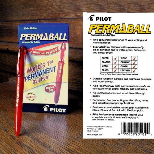 NEW ORIGINAL PILOT PERMABALL 3-PACK PERMANENT INK BALL PEN RED MED POINT 23103