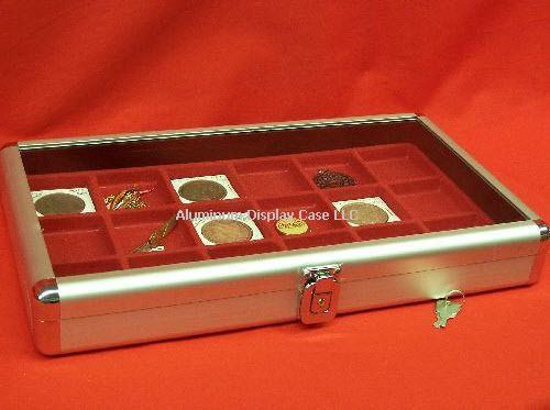 14 x 8 x 2&#034; Aluminum Display Case w 18 sq Red  Insert