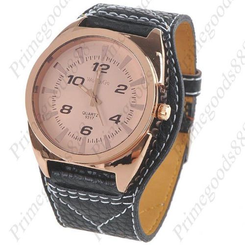 Wide Round Synthetic Leather Wrist Quartz Lady Ladies Wristwatch Women&#039;s Black