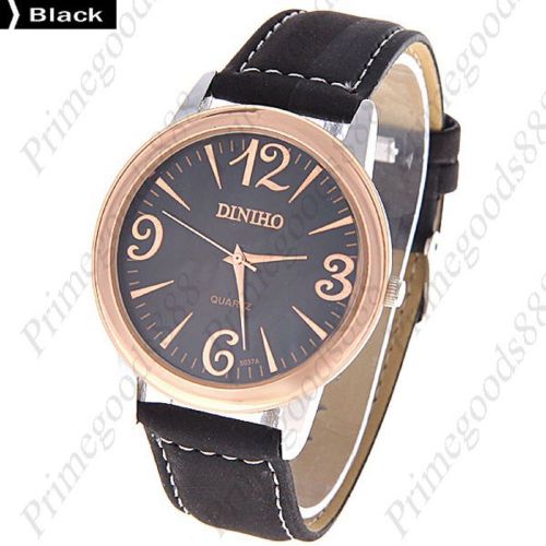 Gold trim round quartz wrist pu leather men&#039;s free shipping black wristwatch for sale