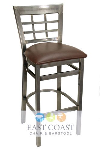 New Gladiator Clear Coat Window Pane Metal Bar Stool with Brown Vinyl Seat