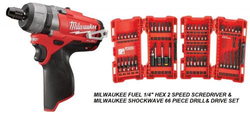 MILWAUKEE M12 FUEL 1/4&#034; HEX 2 SPEED SCREWDRIVER 2402-20 &amp; 66 PC SHOCKWAVE SET