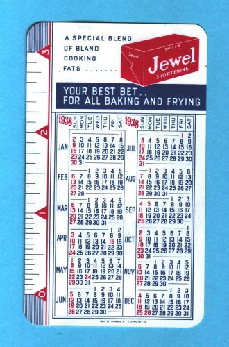 1938 SWIFT&#039;S JEWEL SHORTENING POCKET CALENDAR WALLET CALENDAR