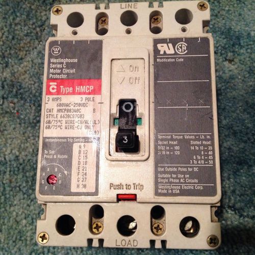 WESTINGHOUSE Motor Circuit Protector 3 AMP 3 Pole HMCP003ABC TYPE C