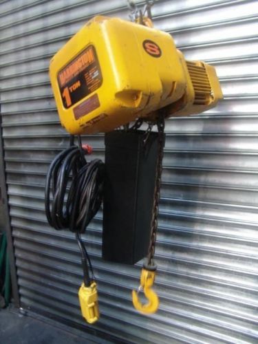 HARRINGTON 1 TON CHAIN HOIST 14 FT/MIN 50 FT CHAIN 115v 1 PHASE   GOOD SHAPE