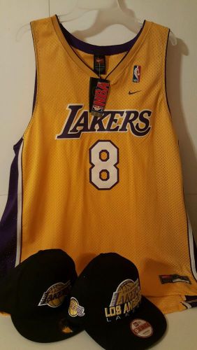 New Koby Bryant #8 Gold Nike Swingman Jersey 2XL + 2 New Era Men&#039;s Laker Hats