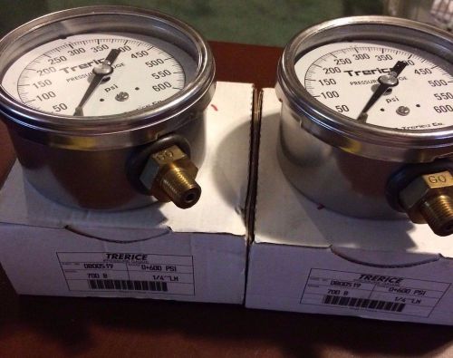 LOT (2) Trerice 700B DB00519 Pressure Gauge 0-600 PSI  1/4&#034; LOWER MOUNT  NIB