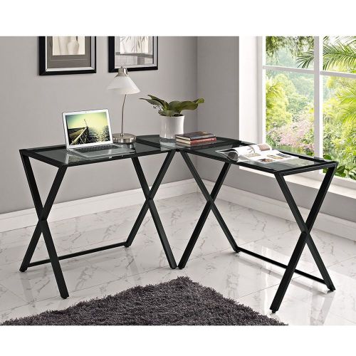 X-frame Glass &amp; Metal L-Shaped Computer Desk - Smoke/Black