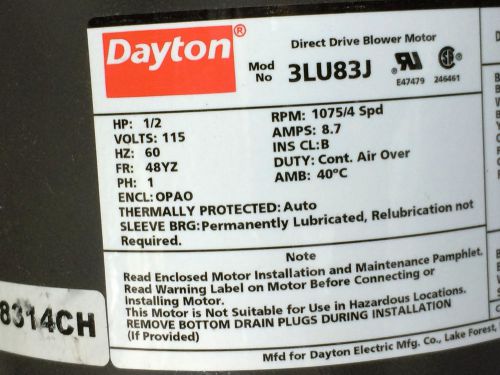 Dayton 3lu83j direct drive blower motor type psc hp 1/2 rpm 1075/4 spd cw/ccw for sale