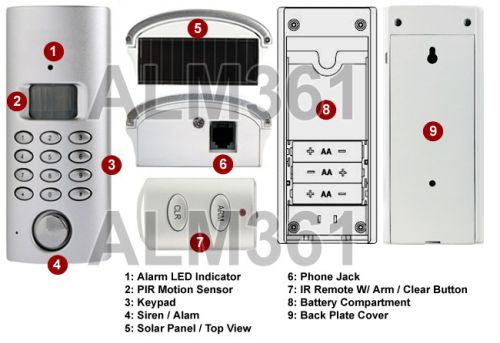 Solar-powered indoor motion alarm sytem with call-out dialer and ir remote for sale