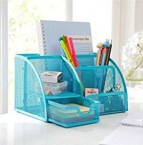 PAG Steel Mesh Desk Organizer,office Organizer Supplies ,Pen Holder?6-part Blue?