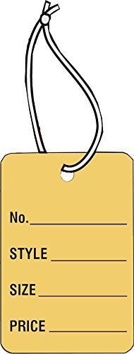 Small Garment Tag, BUFF COLOR 1-7/8&#034; x 1-1/4&#034;, &#034;No, Style, Sz, Prc&#034;, Strung,, 10