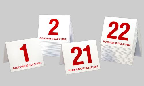 Table Numbers 1-40, Plastic Tent Style, White w/Red Number, Free Shipping