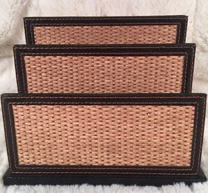 Vintage Unique Leather &amp; Bamboo Desk Top Organizer Letter Mail Holder Excellent