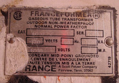 Neon transformers - france - cat. no. 6030p - 120v 60hz 180va 6000v 30ma - outdo for sale