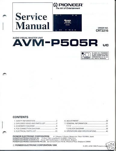 PIONEER SERVICE MANUAL AVM-P505R CRT2215 FREE US SHIP