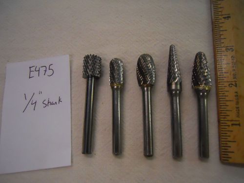 5 NEW 1/4&#034; (.250) SHANK CARBIDE BURRS. DOUBLE &amp; SINGLE CUT. USA MADE {E475}