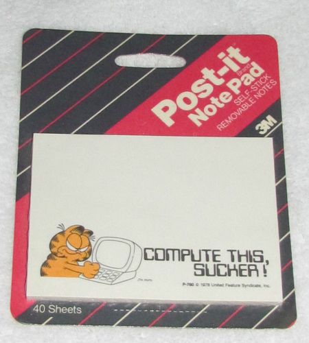 NEW! 1987 3M GARFIELD JIM DAVIS POST-IT NOTES COMPUTE THIS, SUCKER -WHITE SCREEN