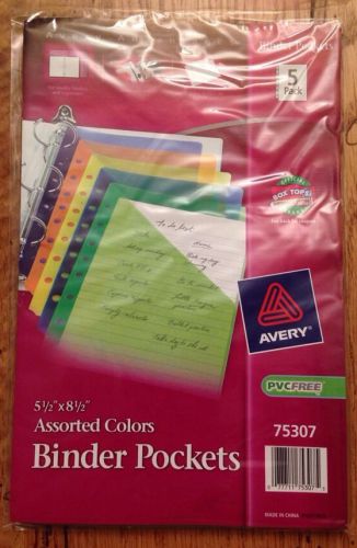 Avery BINDER POCKETS 5.5&#034; x 8.5&#034; Assorted Colors Pack of 5 New In Package